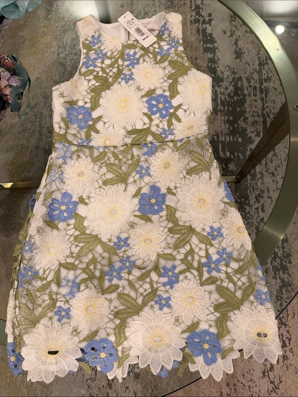GB girls White Lace Dress with Blue & Green Floral Embroidery